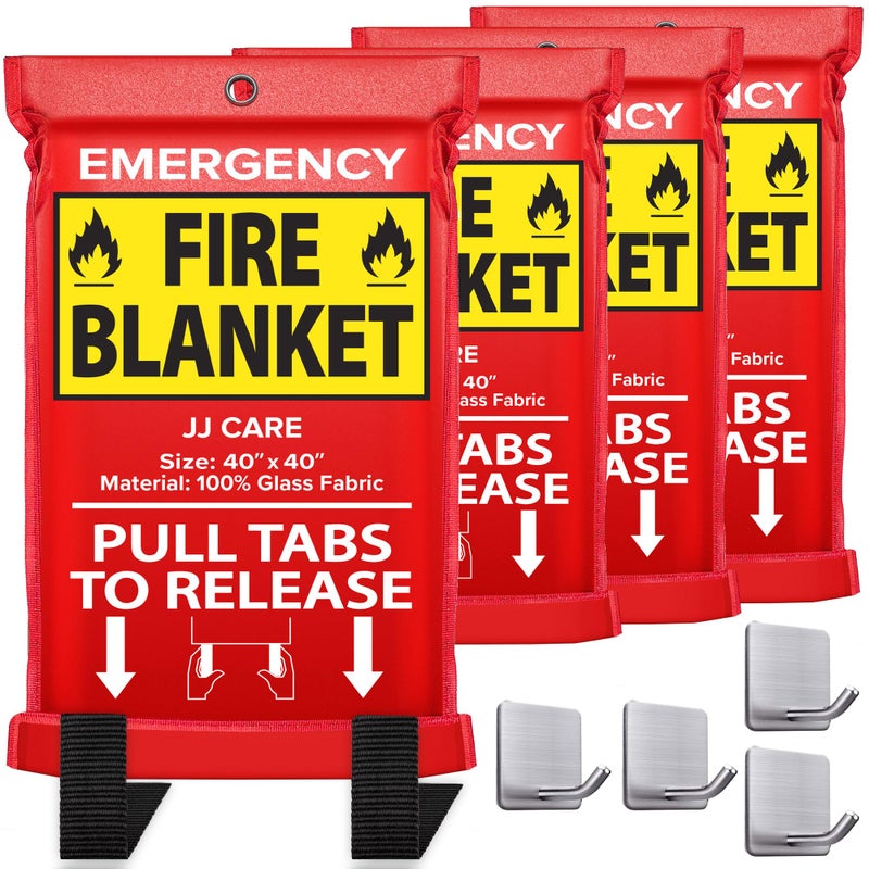 JJ CARE Fire Blanket â€“ 4 Packs with Hooks â€“ Emergency Fire Blanket for Home & Kitchen, High Heat Resistant Fire Suppression Blankets for Home Safety, Kitchen, and Camping - Image 1